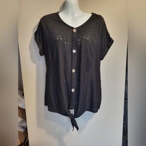 Black Button-Down Tie Front Women Top, Size Medium